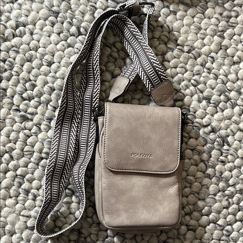 LG Taupe Crossbody Bag with Patterned Strap